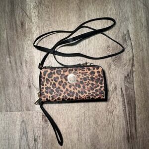 Rebecca & Rifka Leopard Print Crossbody Wallet Wristlet Double Zip Gold Bag